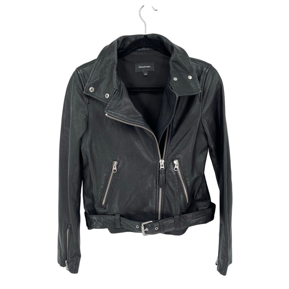 Mackage Miela-N Black Lambskin Belted Moto Biker Jacket Women's XS